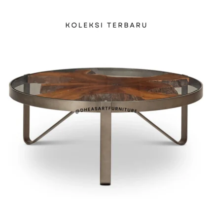 stainless round coffee table teak root with glasses