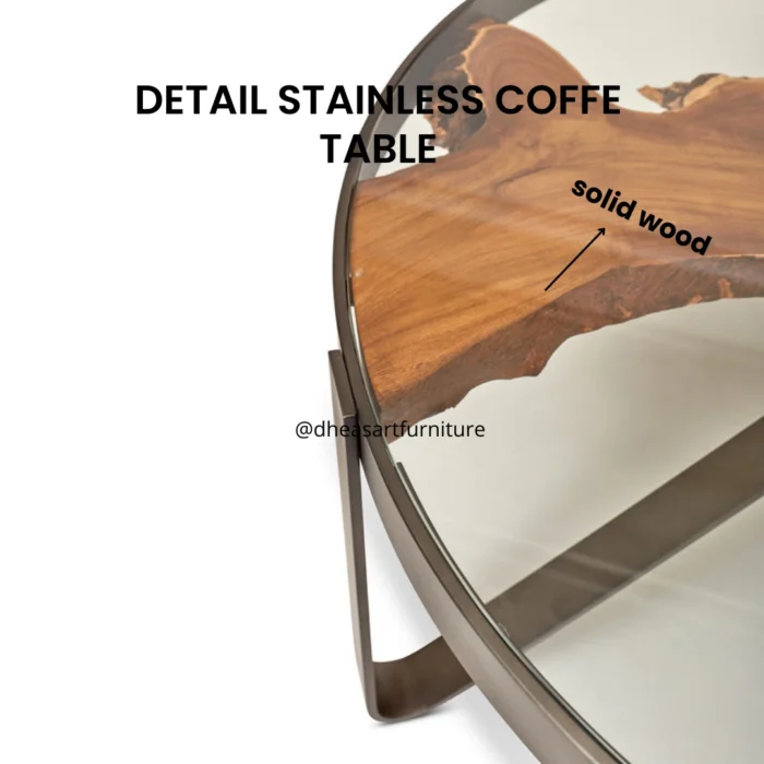 stainless round coffee table teak root with glasses