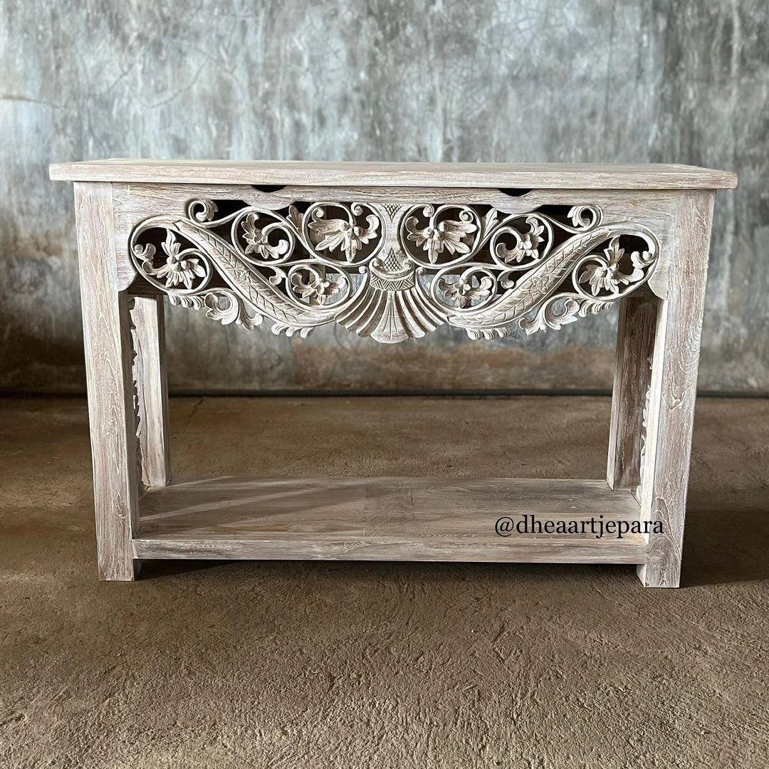 console table solid teak carved white wash