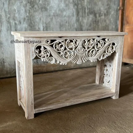 console table solid teak carved white wash