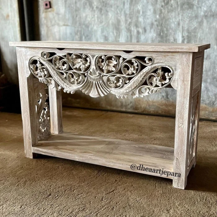 console table solid teak carved white wash