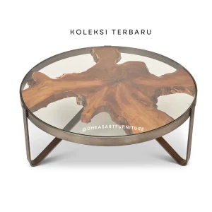 stainless round coffee table teak root with glasses